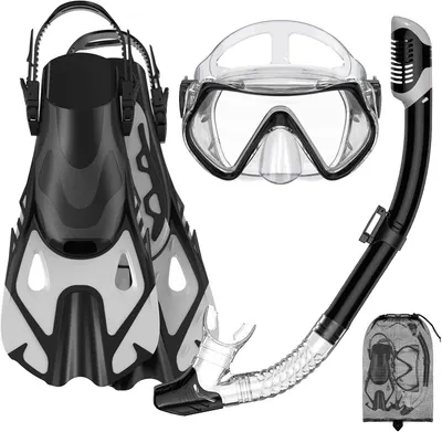 Displays the complete snorkeling kit including fins, mask, snorkel, and storage bag to show shoppers everything included in their purchase. Shows all the…