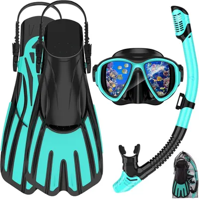 Displays the complete snorkeling gear set including fins, mask, and snorkel to show shoppers exactly what they will receive and how the color-coordinated…