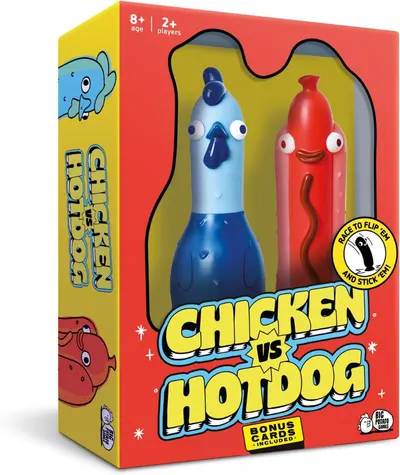 Shows the core product—two colorful, playful chicken and hotdog figures visible through the package window—to communicate what the buyer receives and attract…