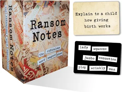Shows the core product, a word magnet game called Ransom Notes, with its packaging and sample game cards to communicate what the buyer will receive. Displays…