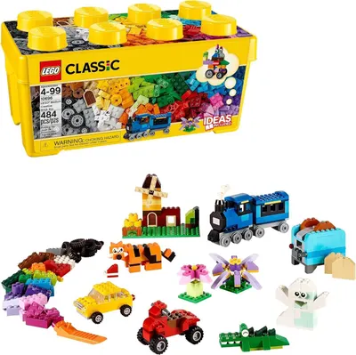 Shows the complete LEGO Classic set including the yellow storage container and all the buildable pieces and models that come with it, helping shoppers…