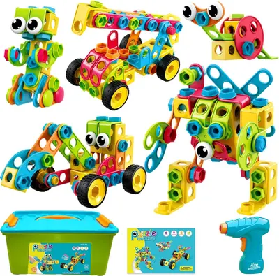 Shows the core product—a colorful construction toy set—and demonstrates the variety of creative builds possible, reassuring parents and kids that the set…