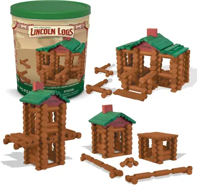 Shows the Lincoln Logs building toy set with various assembled structures to demonstrate the creative building possibilities and what can be constructed with…