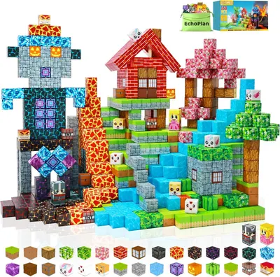 Displays the complete building block set with assembled structures and individual blocks to show the creative possibilities and variety of pieces included in…
