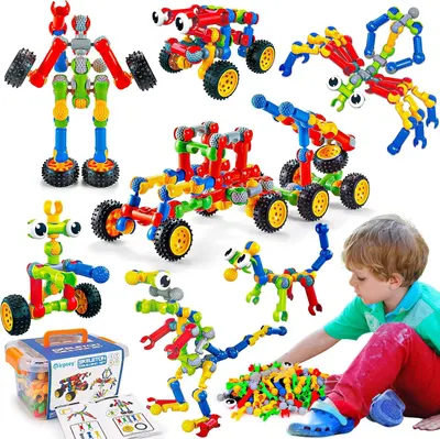 Shows the variety of creative models that can be built with this construction toy set, demonstrating the product's versatility and play value to parents and…