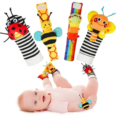 Shows the complete set of colorful baby wrist and foot rattles with cute animal characters to communicate the variety and developmental benefits for infants.…