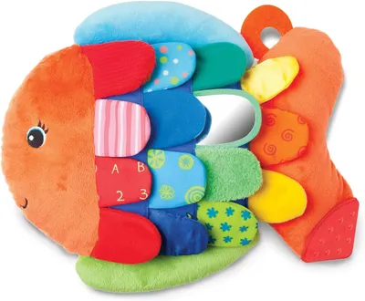 Displays the colorful fish-shaped baby toy with multiple textures, patterns, and educational features to show parents the variety of sensory and learning…
