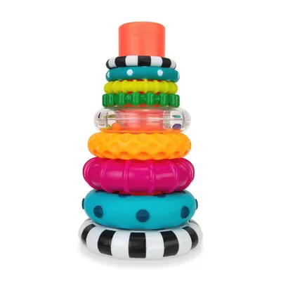 Displays the complete stacking toy with all its colorful rings and varied textures to show parents the full product and its developmental play value for…