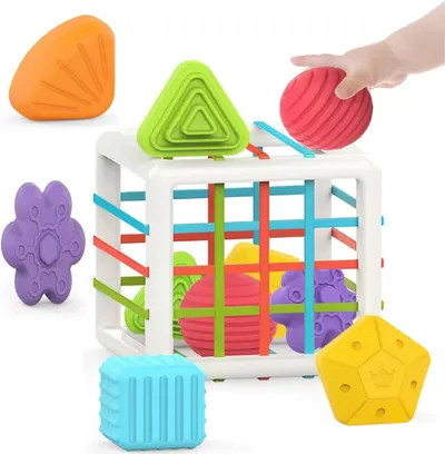 Shows the core product—a shape-sorting toy with colorful geometric pieces—to communicate its educational value and engaging design for children. Demonstrates…