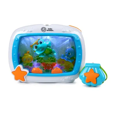 Shows the core Baby Einstein aquarium toy with its colorful underwater scene and included remote control to communicate what the buyer receives. Demonstrates…