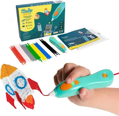 Shows the complete 3Doodler Start+ kit including the pen, colored filament strands, packaging, activity guides, and stencils to communicate everything…