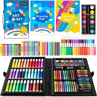 Displays the comprehensive art set including all included items (art books, drawing pad, coloring book, markers, crayons, oil pastels, watercolors, and storage case) to show the complete value and…
