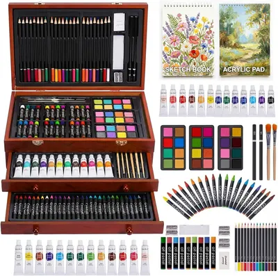 Displays the comprehensive art supply set with all included items organized to show the variety and completeness of the kit, reassuring buyers they are…