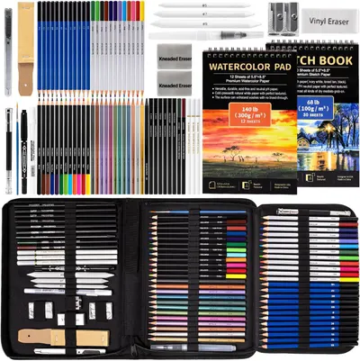 Displays the comprehensive art supply kit with all included items (colored pencils, sketching tools, erasers, sharpeners, watercolor pads, and sketch books)…