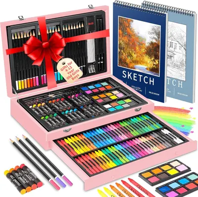 Displays the comprehensive art supply set with all included items (pencils, crayons, paints, markers, sketch pads) to show the variety and completeness of the…