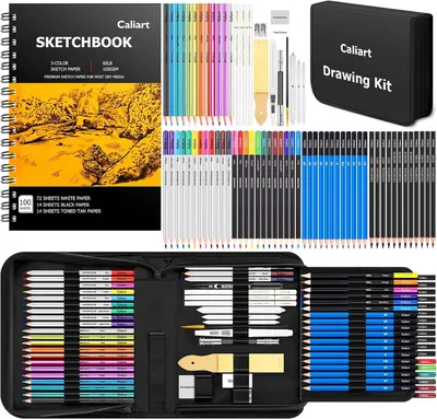 Shows the comprehensive drawing kit with all included accessories—sketchbook, colored pencils, markers, erasers, and carrying case—to communicate the complete…