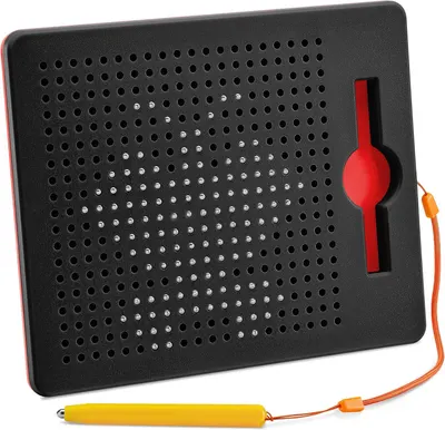 Shows the core product—a magnetic drawing board with metal pins and included stylus—to communicate what the buyer will receive and how it functions as a…