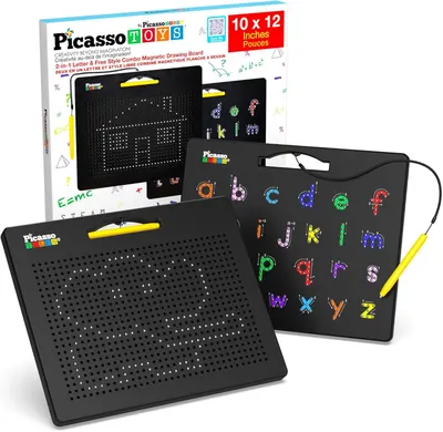 Shows the complete product set including two magnetic drawing boards with colorful letter magnets and stylus pens, demonstrating what the buyer receives in…