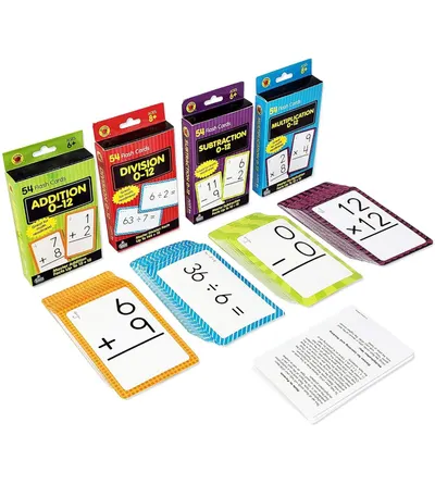 Displays the complete set of four math flash card boxes (Addition, Division, Subtraction, Multiplication) with sample cards to show parents and educators the comprehensive learning system included…