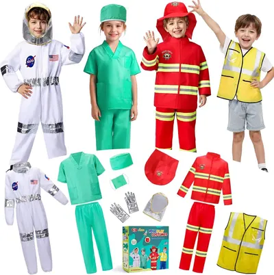 Shows four different career costume options (astronaut, doctor, firefighter, construction worker) to help shoppers understand the variety of role-play choices…