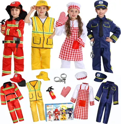 Displays the complete costume sets for children's role-play, showing firefighter, construction worker, chef, and police officer outfits with accessories to…