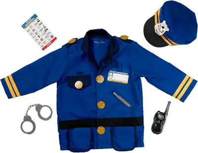 Shows the complete police officer costume set including the uniform, hat, and accessories to communicate what is included in the purchase. Displays all the…