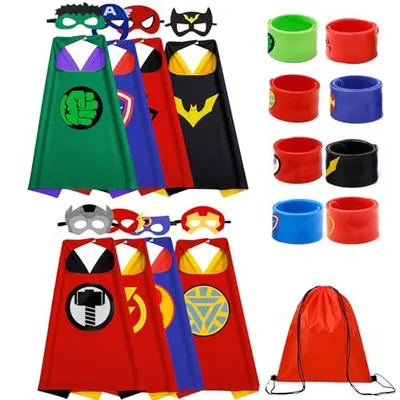 Displays the complete superhero costume set including capes, masks, and wristbands to show shoppers all the items included in the product. Shows all the…
