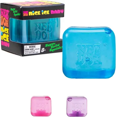 Shows the core product, a translucent blue squishy toy with Nee Doh branding, to communicate what the shopper will receive. Displays the retail packaging with…