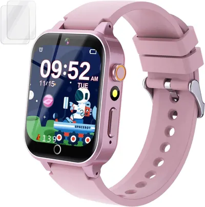 Shows the core product - a pink kids smartwatch with an active display featuring a space-themed interface, demonstrating its appeal to children and its functional digital display capabilities.…