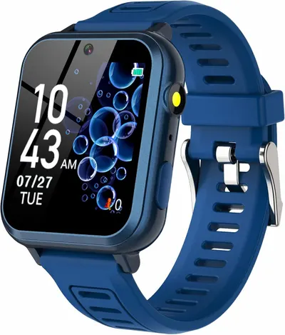 Shows the core smartwatch product with its active display, camera, and rugged blue design to communicate its functionality and appeal as a wearable tech device.
