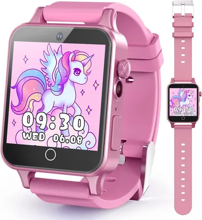 Shows the core product—a pink kids smartwatch with a colorful unicorn display—to communicate its design, features, and appeal to young children. Displays the watch from multiple angles including a…