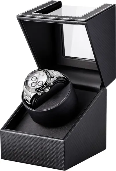 Shows the core product, a luxury watch winder box with an automatic watch, demonstrating its premium construction and functionality as a display and storage…