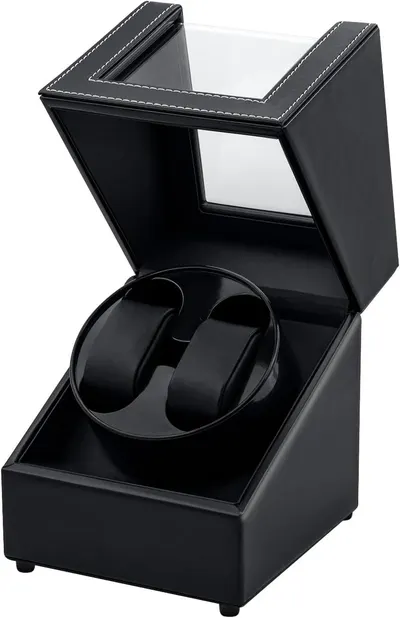 Shows the core product, a watch winder with premium black leather finish and white stitching, to communicate its elegant design and functionality for…