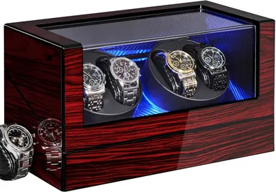 Showcases the watch winder box as the core product with its elegant wood finish, transparent viewing window, and illuminated interior to communicate luxury…