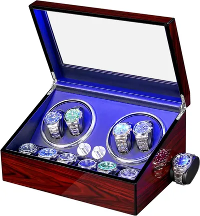 Demonstrates the product's dual functionality as both an automatic watch winder with rotating mechanisms and a display/storage case for multiple watches,…