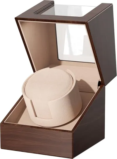 Shows the core product—a luxury watch winder box—with its lid open to display the interior watch holder and premium materials, communicating quality and…