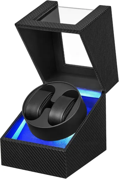 Shows the core product—a luxury watch winder with an open display case—to communicate its premium design, carbon fiber texture, and illuminated blue LED…