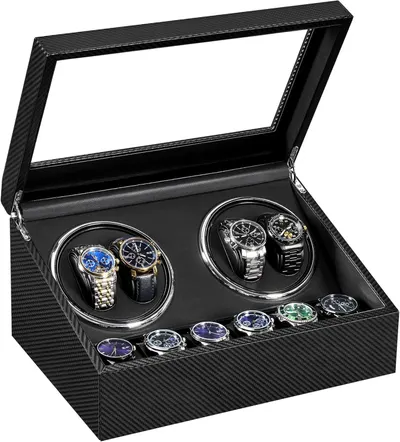 Shows the core product—a luxury watch winder and storage case—displaying its capacity to hold multiple watches with automatic winding functionality and…