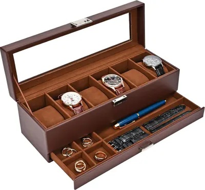 Shows the watch and jewelry organizer box with its compartments and storage capacity, demonstrating how it can neatly store watches, rings, pens, and watch…