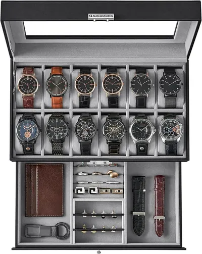 Shows the complete watch organizer box with multiple watches and accessories neatly displayed to communicate the product's storage capacity and organizational…