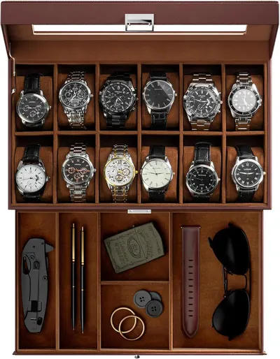 Showcases the watch storage case as the core product, displaying its capacity to hold 12 watches in the upper compartment and various accessories in the lower…