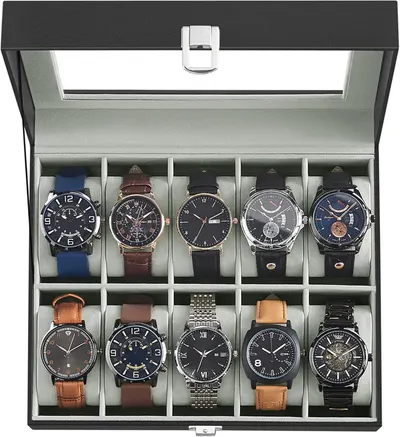 Shows the core product—a premium watch storage case—displaying its capacity to organize and protect multiple watches in individual cushioned compartments with…