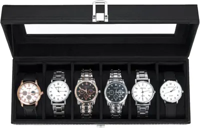 Shows the core product, a watch storage case with six watches displayed inside, allowing shoppers to see the organizational capacity and presentation quality…
