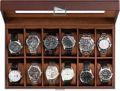 Shows the watch storage case as the core product, displaying its capacity to organize and store 12 watches in individual compartments with a premium brown…