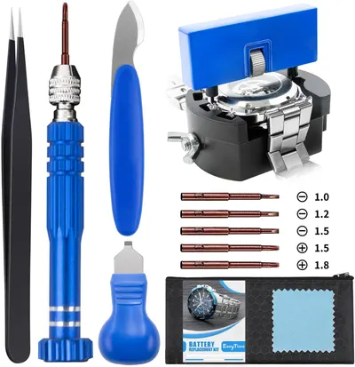 Displays the complete watch repair tool kit with all included components clearly visible, showing shoppers exactly what tools they will receive for watch…