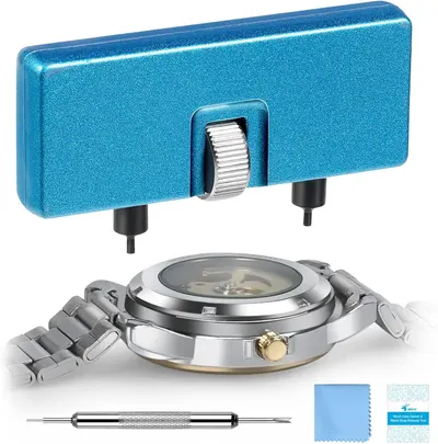 Displays the core product - a watch case opener tool with adjustable holder and included accessories for watch repair and maintenance. Shows all included…