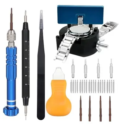 Displays the complete watch repair tool kit with all included tools and accessories, showing shoppers exactly what they will receive to reassure them of the…