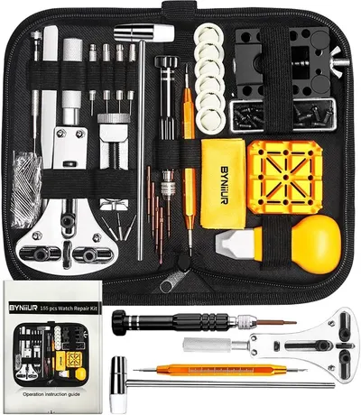 Displays the complete 155-piece watch repair kit with all included tools and accessories organized in a carrying case, showing shoppers exactly what they will…
