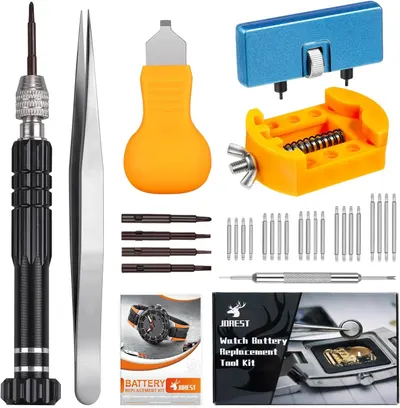 Displays the complete watch battery replacement tool kit with all included tools and accessories to show shoppers exactly what they will receive. Shows the…