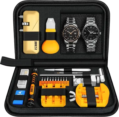 Displays the comprehensive watch repair toolkit with all included tools and accessories organized in a carrying case to show shoppers exactly what they will…